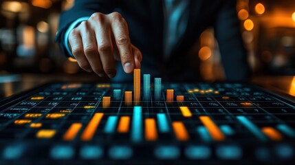 Business professional analyzing data trends on a digital interface in a modern office setting