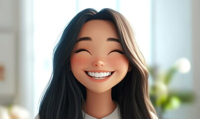 Smiling Asian Woman Cartoon Character with Long Black Hair in 3D Style, Happy Young Female, Light Background, Human Emotions, People Expression Concept, Positive Mood, Bright
