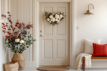 Elegant heart-shaped wreath with white flowers and eucalyptus, hanging on a modern white front door, adding a fresh spring touch.