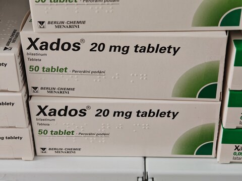 Prague,Czech Republic-January 8 2025: Xados contains BILASTINE, an antihistamine medication used to relieve allergies, including hay fever, itching, and skin reactions.

