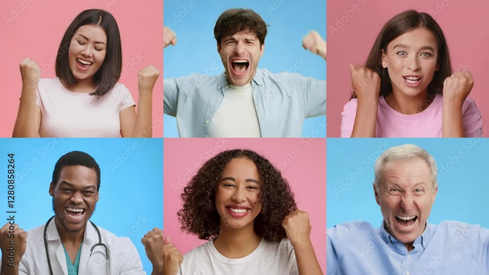 Aufkleber a diverse group of adults and kids expresses joy and excitement through enthusiastic gestures. their