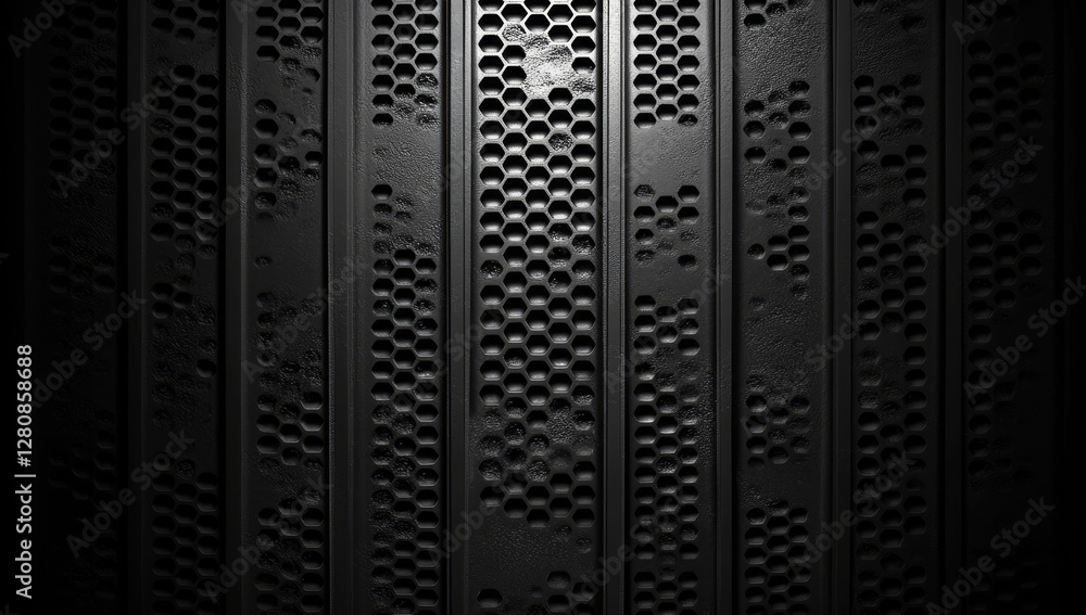 Poster the design features a dark honeycomb grid pattern with abstract black 3d hexagons and octagons, crea