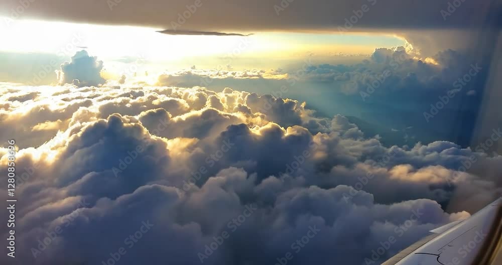 Aufkleber aerial view of clouds from airplane with golden sun rays over horizon and dramatic sky