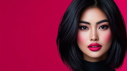 Fototapeta premium Stunning Asian woman with a bob haircut, wearing bold makeup against a vibrant pink background. Beauty and style.