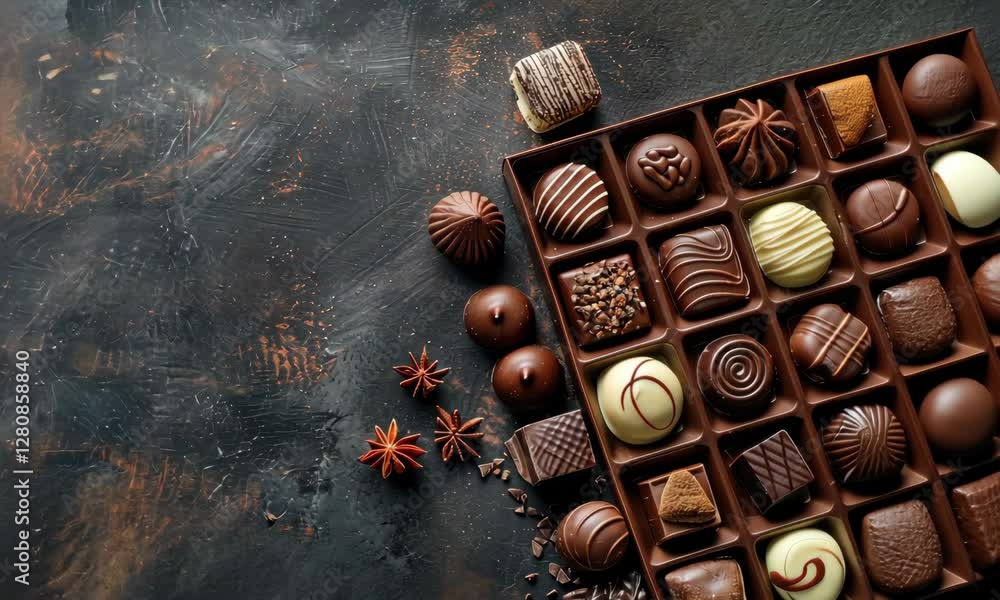 Poster Assorted chocolates in box on dark textured surface