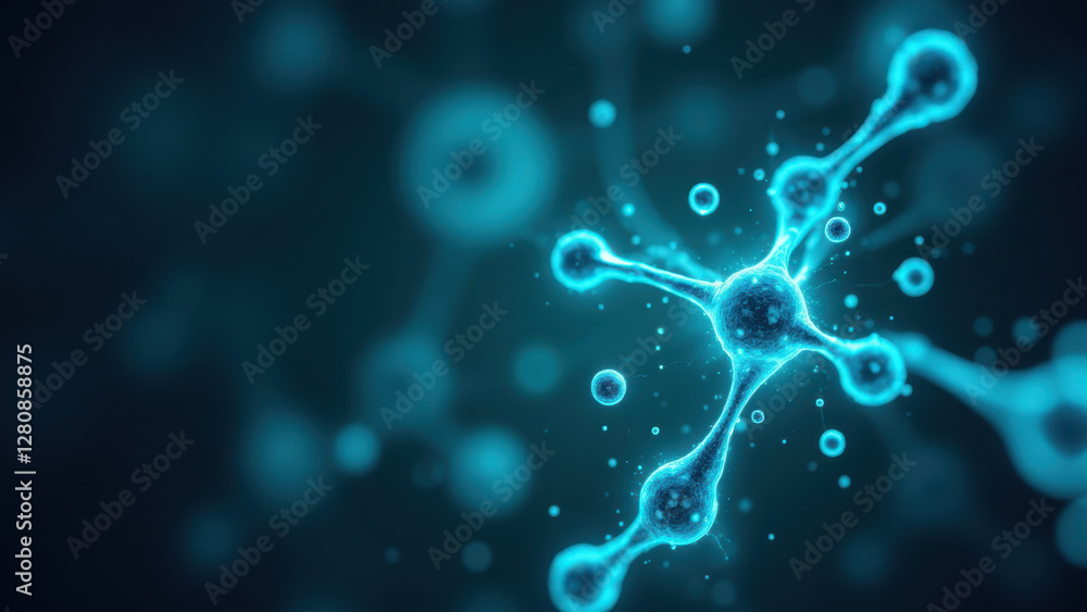 Poster a microscopic view of a cluster of cells with blue light illuminating them against a dark background