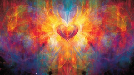 Abstract heart surrounded by vibrant flames and nebula.