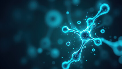 A microscopic view of a cluster of cells with blue light illuminating them against a dark background.