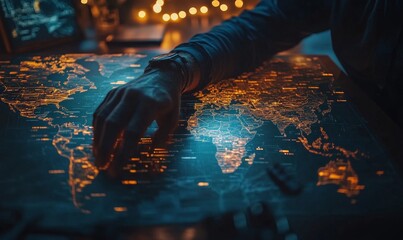 Business Consultant Analyzing Global Data with Digital Tools at Modern Office Desk in Evening, Expert Opinion, Strategy, AI Integration, Technology in