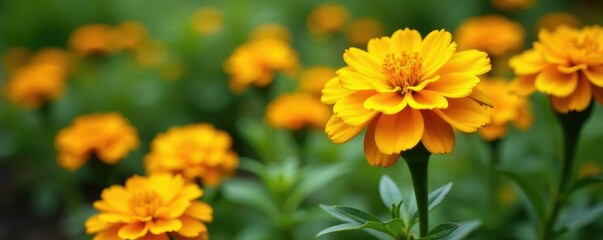 Marigold flowers in a garden bed with other plants, yellow, garden