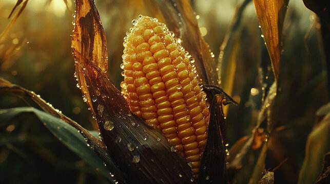 A fresh golden corn cob with dewdrops on its kernels