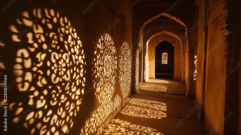 Poster golden light filters through intricate latticework, casting delicate shadows on the ancient stone wa