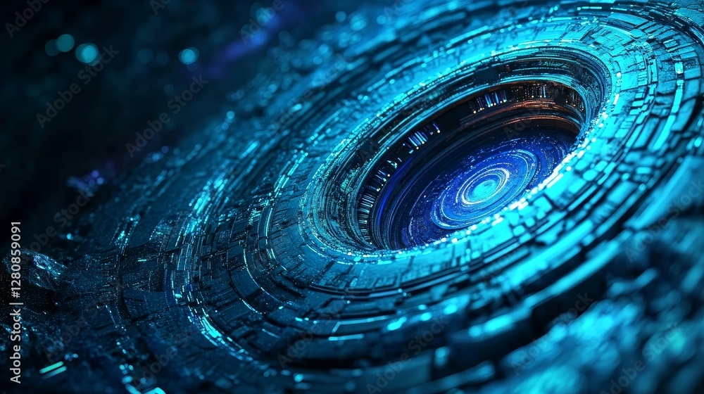 Poster a 3d blue geometric abstract background overlays a layer on dark space, adorned with diagonal lines 