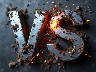 A close up view of metal vs letters with welding sparks and dirt on a dark gray background art
