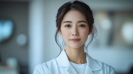 Naklejka premium An asian female doctor wearing a white lab coat. 