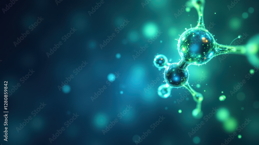 Poster an artistic representation of a semaglutide molecule with blue and green hues, symbolizing its compl