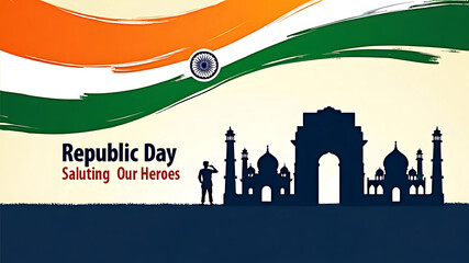 Indian republic day celebration with flag, soldier saluting, and india gate silhouette illustration