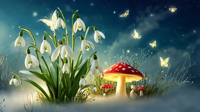 Snowdrops as part of a magical garden with giant flowers and fairy-tale creatures