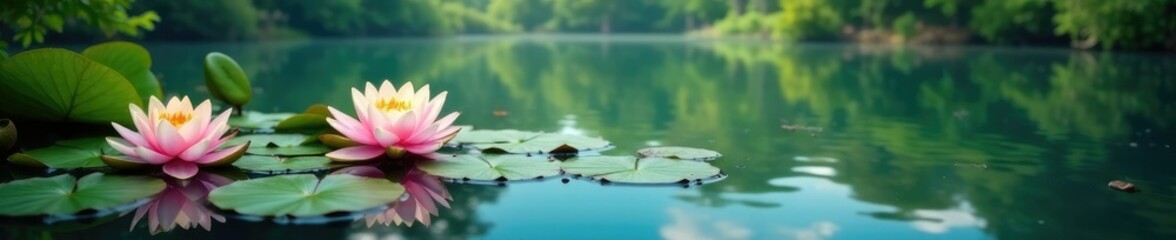 Quiet lagoon with water lilies and lotus flowers, peaceful, serene landscape, calm