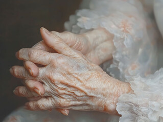 Closeup of elderly womans hands clasped together, delicate lace sleeve visible.  Tender, detailed image evokes themes of age, time, and memory.