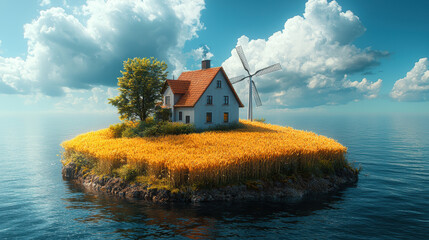 serene floating farm island with golden wheat fields and windmill