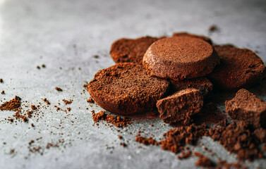 Close-up of coffee grounds from espresso machine. coffee ground on gray background