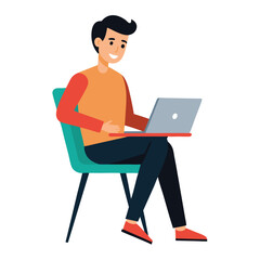 a boy is using his laptop vector