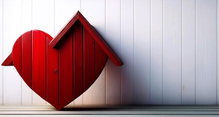 Extreme close-up of a red wooden heart with roof on a white wooden background with copy space, symbol of love for home, insurance and protection, home sweet home. Generative Ai.