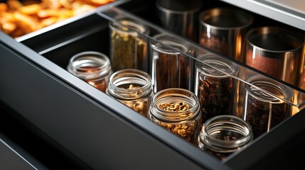  Close-Up of a Shallow Drawer Presenting a Beautifully Organized Collection in Glass Jars, with Rich Hues Sharply Contrasting the Light Interior