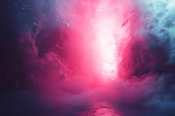 Fototapeta premium vibrant, ethereal scene with pink and blue fog enveloping mystical landscape, creating dreamlike atmosphere
