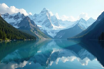 Naklejka premium Serene lake in front of towering mountain peaks with snow, glacial, frozen