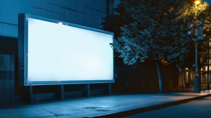 Illuminated blank billboard displaying urban marketing potential at night city center photography