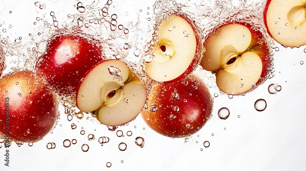 Poster red apples submerged in sparkling water, creating a refreshing and vibrant image. the juicy fruit an