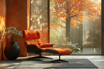 modern orange lounge chair in bright room with large windows showcasing autumn foliage