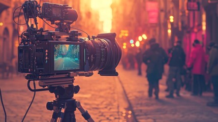 Fototapeta premium To achieve stable recording, the video camera is securely attached to a tripod