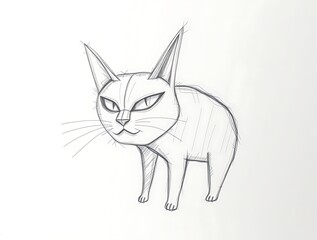 Obraz premium Stylized Cat Sketch Standing Alertly on White Background Cartoon Drawing