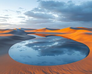 Fototapeta premium A desert scene with curving sand dunes and a reflective water body under the soft light