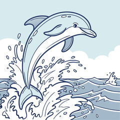 Obraz premium Cartoon Dolphin Jumping Out of Water Illustration: Cute Marine Animal, Ocean Waves, Sea Life Art, Children's Coloring Page Style