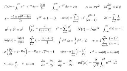 Set of famous scientific math formulas and equations, ideal for science visuals, educational materials and infographics, transparent background