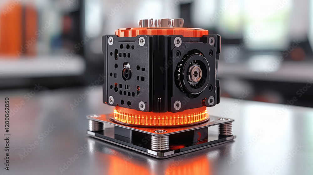 Poster a compact, high-tech device featuring a cube design with orange accents, likely used in engineering 