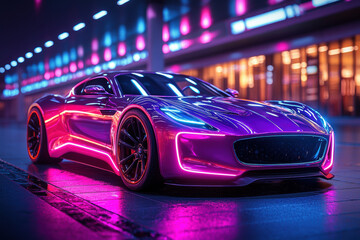 high tech car with neon lights in futuristic setting, showcasing sleek design and vibrant colors
