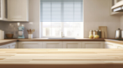 bright kitchen interior with empty wooden countertop, blurred background