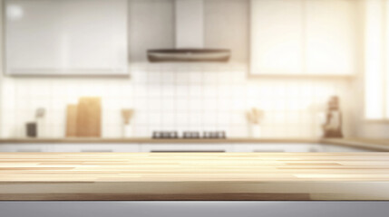 Blurred kitchen interior with empty wooden countertop, bright lighting, and modern appliances. space is inviting and ready for culinary activities, featuring clean and minimalist design