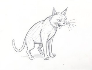 Sketch of Alert Cat with Open Mouth and Sharp Expression
