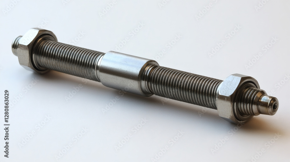 Aufkleber A metallic threaded rod with hexagonal nuts at both ends, commonly used in mechanical applications for fastening and support