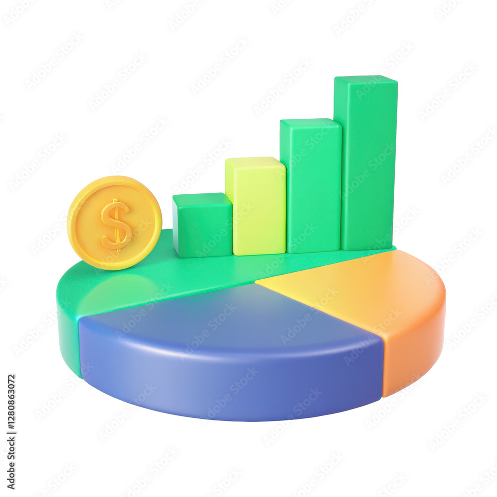 Poster 3d pie chart with bar graph and coin symbolizing financial growth clipart photo isolated on transpar