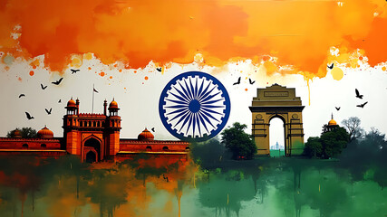 Artistic depiction of india gate, red fort, and ashoka chakra with birds against tricolor background