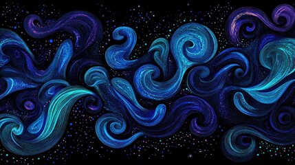 Fototapeta premium Abstract swirling blue and teal nebula-like pattern on black background.