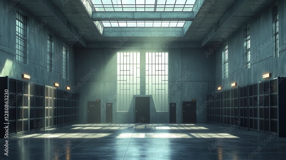 Aufkleber a spacious, industrial room with large windows allowing soft light to filter in, casting shadows on 