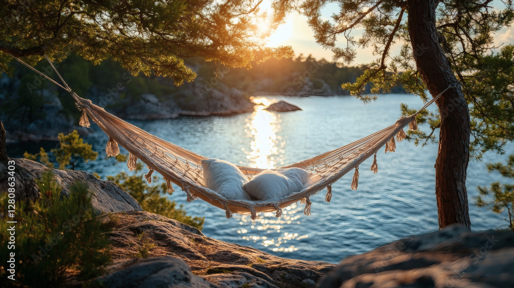 Aufkleber a serene hammock hangs between trees by a tranquil lake, illuminated by the warm glow of sunset, cre